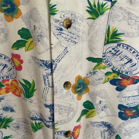 Nautica Knit Hawaiian Button Down Shirt Mens LARGE Tropical Postal Travel Print - Picture 6 of 9